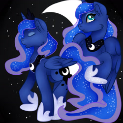 Size: 2755x2755 | Tagged: safe, artist:bewarethemusicman, princess luna, alicorn, pony, crescent moon, eyes closed, fluffy, moon, night, open mouth, raised hoof, self ponidox, smiling, transparent moon