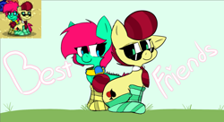 Size: 1024x558 | Tagged: safe, artist:xdarklapisx, oc, oc only, oc:aces high, oc:minty split, earth pony, pony, chibi, clothes, cute, female, pony town, sitting, socks, stockings, striped socks, thigh highs