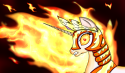 Size: 2671x1559 | Tagged: safe, artist:rex42, artist:tarreth, nightmare star, princess celestia, alicorn, pony, angry, catasterism, fire, mane of fire, rage, solo