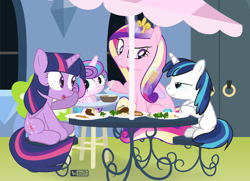 Size: 1080x780 | Tagged: safe, artist:dm29, princess cadance, princess flurry heart, shining armor, twilight sparkle, twilight sparkle (alicorn), alicorn, pony, unicorn, age regression, alcohol, crossed hooves, dinner, feeding, food, magic, telekinesis