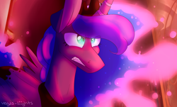 Size: 1024x620 | Tagged: safe, artist:vegas-liights, princess luna, alicorn, pony, frown, gritted teeth, scene interpretation, slit eyes, solo, the moon rises