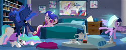 Size: 10000x4000 | Tagged: safe, artist:ponyecho, princess cadance, princess celestia, princess luna, twilight sparkle, twilight sparkle (alicorn), alicorn, pony, absurd resolution, alicorn tetrarchy, bed, bedroom, cute, cutedance, cutelestia, eyes closed, face down ass up, female, grin, horn impalement, levitation, lunabetes, magic, mare, missing accessory, open mouth, pillow fight, raised hoof, show accurate, smiling, spread wings, telekinesis, throwing, true love princesses, twiabetes, twilunestiance, wink