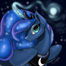 Size: 800x800 | Tagged: safe, artist:slime-tiger, princess luna, alicorn, pony, cute, lidded eyes, looking at you, magic, moon, moon work, night, open mouth, smiling, snow, snowfall, solo, spread wings