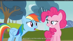 Size: 1920x1080 | Tagged: safe, screencap, pinkie pie, rainbow dash, earth pony, pegasus, pony, too many pinkie pies, youtube caption