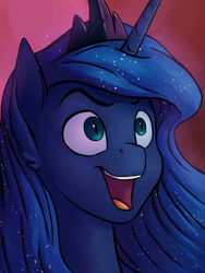 Size: 1800x2400 | Tagged: safe, artist:vistamage, princess luna, alicorn, pony, bust, female, mare, open mouth, portrait, slit eyes, smiling, solo, the moon rises