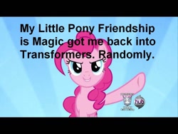 Size: 1024x768 | Tagged: safe, pinkie pie, earth pony, pony, female, hub logo, mare, pink coat, pink mane, pony confession, transformers