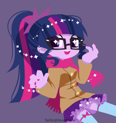 Size: 800x848 | Tagged: safe, artist:snow angel, sci-twi, twilight sparkle, equestria girls, clothes, cute, glasses, looking at you, nail polish, open mouth, ponytail, purple background, scarf, simple background, skirt, solo, starry eyes, stockings, thigh highs, twiabetes, wingding eyes