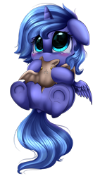 Size: 1417x2503 | Tagged: safe, artist:pridark, princess luna, alicorn, bat, pony, blushing, crying, cute, dock, eye reflection, filly, floppy ears, foal, lunabetes, nom, on back, plushie, pridark is trying to murder us, reflection, sad, simple background, sitting, smiling, solo, transparent background, underhoof, weapons-grade cute, woona, younger