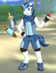 Size: 1378x1796 | Tagged: safe, artist:flameydragwasp, shining armor, anthro, unguligrade anthro, crossover, honedge, male, pokéball, pokémon, trainer