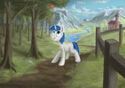 Size: 3508x2480 | Tagged: safe, artist:lolopolko, shining armor, pony, unicorn, apple, cloud, fence, food, mountain, river, scenery, solo, tree, valley, younger