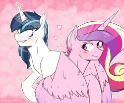 Size: 3000x2500 | Tagged: safe, artist:lrusu, princess cadance, shining armor, alicorn, pony, unicorn, blushing, grin, heart, male, shiningcadance, shipping, sideways glance, smiling, straight