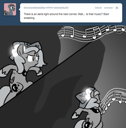 Size: 666x673 | Tagged: safe, artist:egophiliac, princess luna, alicorn, pony, bipedal, cartographer's cap, filly, grayscale, hat, monochrome, moonflower, moonstuck, music notes, solo, woona, younger