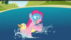 Size: 1920x1080 | Tagged: safe, screencap, pinkie pie, earth pony, pony, too many pinkie pies, wet mane, youtube caption