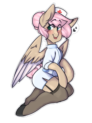 Size: 1500x2000 | Tagged: safe, artist:mimisaurusrex, oc, oc only, oc:mimi bun, pony, blushing, clothes, colored wings, colored wingtips, dress, female, garters, hat, mare, nurse outfit, shoes, simple background, stockings, thigh highs, tongue out, transparent background