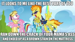 Size: 960x540 | Tagged: safe, edit, edited screencap, screencap, bulk biceps, cloudchaser, lightning dust, meadow flower, rainbow dash, spitfire, sunshower raindrops, thunderlane, pegasus, pony, wonderbolts academy, full metal jacket, gunnery sergeant hartman, image macro, starry eyes, sunglasses, vulgar, wonderbolt trainee uniform