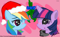 Size: 900x560 | Tagged: safe, artist:mrasianhappydude, rainbow dash, twilight sparkle, pegasus, pony, female, hat, lesbian, mistletoe, santa hat, shipping, twidash