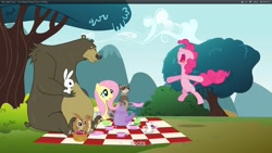 Size: 1920x1080 | Tagged: safe, screencap, angel bunny, fluttershy, pinkie pie, bear, chipmunk, earth pony, ferret, mouse, pegasus, pony, squirrel, too many pinkie pies, youtube caption