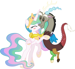 Size: 8171x7500 | Tagged: safe, artist:mactavish1996, artist:zoevulpez, discord, princess celestia, alicorn, pony, absurd resolution, blushing, dislestia, female, hug, kissing, male, shipping, simple background, smiling, straight, transparent background, vector