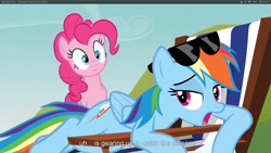 Size: 1920x1080 | Tagged: safe, screencap, pinkie pie, rainbow dash, earth pony, pegasus, pony, too many pinkie pies, beach chair, sunglasses, youtube caption