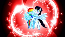 Size: 1920x1080 | Tagged: safe, artist:hardii, rainbow dash, soarin', pegasus, pony, blushing, female, heart, kissing, male, shipping, soarindash, straight, wallpaper, wingboner