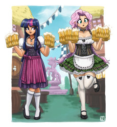 Size: 1600x1744 | Tagged: safe, artist:king-kakapo, fluttershy, twilight sparkle, human, alcohol, apron, beer, blushing, braid, braided pigtails, breasts, choker, clothes, cute, dirndl, dress, duo, duo female, female, hootershy, humanized, jewelry, mary janes, moe, mug, necklace, oktoberfest, pigtails, shoes, shyabetes, skirt, socks, stockings, thigh highs, twiabetes, zettai ryouiki