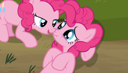 Size: 1072x619 | Tagged: safe, screencap, pinkie pie, earth pony, pony, too many pinkie pies, spoiler:s03, clone, duality, funcest, out of context, pinkie clone, scrunchy face