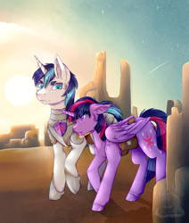 Size: 1024x1210 | Tagged: safe, artist:enigmaticwisp, shining armor, twilight sparkle, twilight sparkle (alicorn), alicorn, pony, unicorn, armor, brother and sister, desert, female, male, saddle bag, siblings