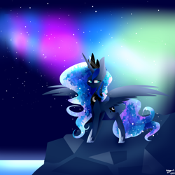 Size: 3200x3200 | Tagged: safe, artist:huirou, princess luna, alicorn, pony, aurora borealis, rock, solo