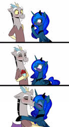Size: 1427x2600 | Tagged: safe, artist:elementalokami, discord, princess luna, alicorn, pony, blushing, comic, cute, discute, eye contact, eyes closed, hug, kissing, looking at each other, lunacord, male, open mouth, shipping, simple background, smiling, straight, surprised, wavy mouth, white background