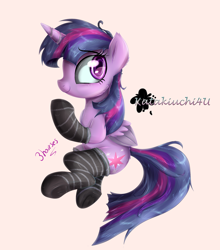 Size: 2200x2500 | Tagged: safe, artist:katakiuchi4u, twilight sparkle, twilight sparkle (alicorn), alicorn, clothes, smiling, socks, solo, stockings, striped socks, thigh highs