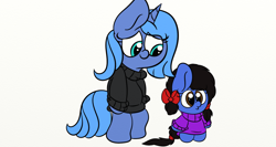 Size: 1366x728 | Tagged: safe, artist:littleflaky, princess luna, oc, oc:archey clue, alicorn, pony, bipedal, clothes, s1 luna, simple background, sweater