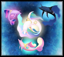 Size: 1500x1351 | Tagged: safe, artist:foxbeast, princess cadance, princess celestia, princess luna, twilight sparkle, twilight sparkle (alicorn), alicorn, dolphin, cetacean, species swap
