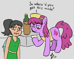 Size: 1496x1201 | Tagged: safe, artist:heretichesh, berry punch, berryshine, oc, oc:mistake, satyr, alcohol, fake id, offspring, parent:queen chrysalis, wine