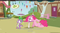 Size: 1920x1080 | Tagged: safe, screencap, pinkie pie, spike, dragon, earth pony, pony, too many pinkie pies, youtube caption