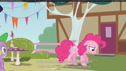 Size: 1920x1080 | Tagged: safe, screencap, pinkie pie, spike, dragon, earth pony, pony, too many pinkie pies, youtube caption