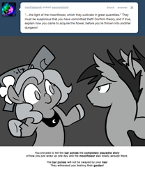 Size: 666x800 | Tagged: safe, artist:egophiliac, princess luna, oc, oc:frolicsome meadowlark, oc:sunshine smiles (egophiliac), bat pony, pony, cartographer's cap, filly, grayscale, hat, monochrome, moonflower, moonstuck, shrug, woona, younger