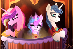 Size: 1500x1000 | Tagged: safe, artist:pedrohander, princess cadance, princess flurry heart, shining armor, alicorn, pony, unicorn, bored, family, frown, older, princess emo heart, theater