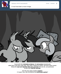 Size: 666x800 | Tagged: safe, artist:egophiliac, princess luna, oc, oc:frolicsome meadowlark, oc:sunshine smiles (egophiliac), bat pony, pony, cartographer's cap, filly, grayscale, hat, monochrome, moonstuck, sad, woona, younger