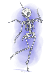 Size: 1161x1600 | Tagged: safe, artist:king-kakapo, part of a set, princess luna, anthro, unguligrade anthro, bone, grin, multiple variants, raised leg, simple background, skeleton, smiling, solo, spread wings, wat, waving, white background