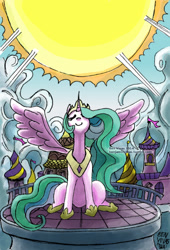 Size: 340x500 | Tagged: safe, artist:inuranma44, princess celestia, alicorn, pony, canterlot, eyes closed, smiling, solo, sun