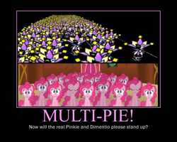 Size: 750x600 | Tagged: safe, edit, edited screencap, screencap, pinkie pie, earth pony, pony, too many pinkie pies, clone, comparison, dimentio, motivational poster, multeity, paper mario, pinkie clone, super mario bros., super paper mario, too much pink energy is dangerous