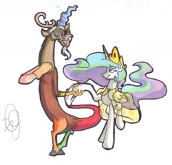 Size: 1280x1231 | Tagged: safe, artist:frankilew, discord, princess celestia, alicorn, pony, dislestia, female, male, shipping, straight, traditional art