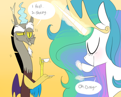 Size: 1024x819 | Tagged: safe, artist:chandelurres, discord, princess celestia, alicorn, pony, blushing, dislestia, drugs, female, male, nickname, shipping, straight, tea