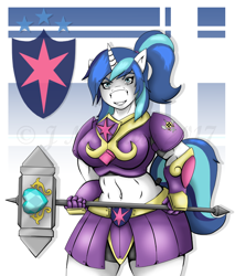 Size: 656x771 | Tagged: safe, artist:jimjamdoodles, gleaming shield, shining armor, anthro, abs, armor, badass, belly button, big breasts, breasts, female, gleaming breastplate, hammer, ponytail, rule 63, smiling, solo, story in the comments, story in the source, thighs, unconvincing armor, war hammer, weapon, wide hips