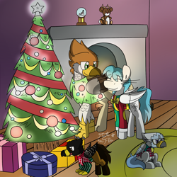 Size: 2000x2000 | Tagged: safe, artist:rosexknight, oc, oc only, oc:cliff, oc:purity, oc:sight wing, oc:snow print, classical hippogriff, griffon, hippogriff, pegasus, pony, brother and sister, brown eyes, christmas, christmas lights, christmas tree, clothes, cutie mark, family, father and child, father and daughter, father and son, female, fireplace, gradient mane, green eyes, hearth's warming, hearth's warming tree, holiday, husband and wife, male, mother and child, mother and daughter, mother and son, ornament, ornaments, parent and child, plushie, presenting, purple eyes, rug, siblings, snow globe, sweater, tongue out, tree, ugly christmas sweater, wings