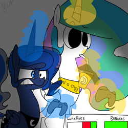 Size: 1024x1024 | Tagged: safe, artist:chandelurres, princess celestia, princess luna, alicorn, pony, alternate hairstyle, friendship is magic bitch, gamer luna, video game