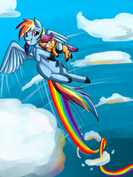 Size: 1350x1800 | Tagged: safe, artist:annakitsun3, rainbow dash, scootaloo, pegasus, pony, carrying, flying, rainbow, scared, scootalove, unshorn fetlocks