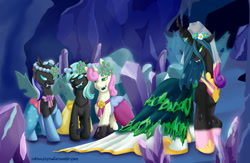 Size: 900x586 | Tagged: safe, artist:inktwistfudge, princess cadance, queen chrysalis, twinkleshine, alicorn, changeling, changeling queen, pony, bridesmaid, bridesmaid dress, clothes, disguise, disguised changeling, dress, fake cadance