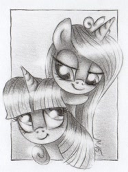 Size: 831x1110 | Tagged: safe, artist:deathcutlet, princess cadance, twilight sparkle, alicorn, pony, monochrome, traditional art