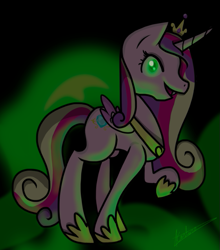 Size: 593x674 | Tagged: safe, artist:kartase, princess cadance, queen chrysalis, alicorn, changeling, changeling queen, pony, disguise, disguised changeling, fake cadance, female, looking at you, signature, solo